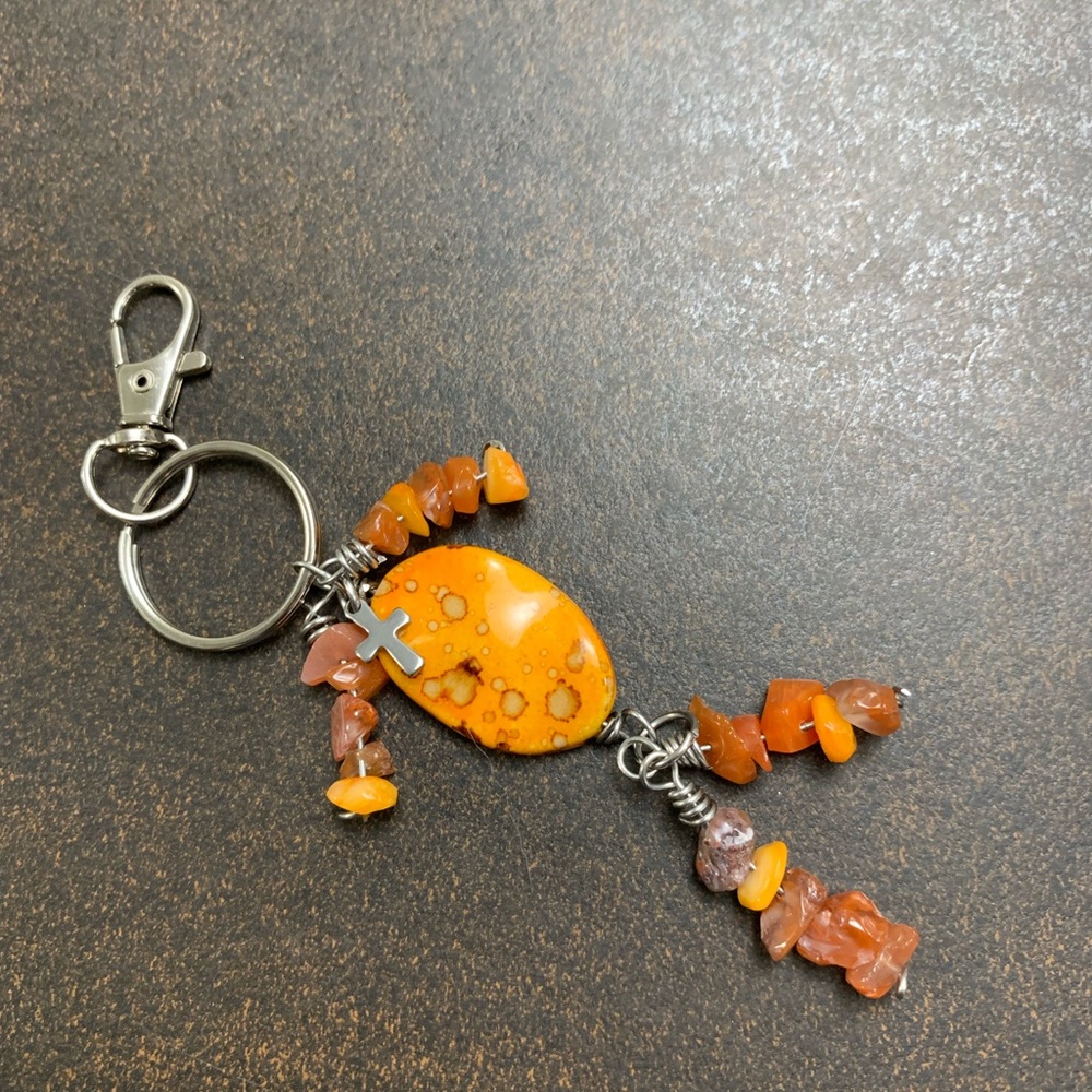 Orange Stone Keychain with Silver Accents